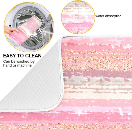 Pink Gold Stripe Dish Drying Mat for Kitchen Countertop 16x18 Rectangle Small Drying Mat Reusable Quick Dry Dish Sink Absorbent Mats Dishwasher Easy Clean Decorative Home Decor Essentials