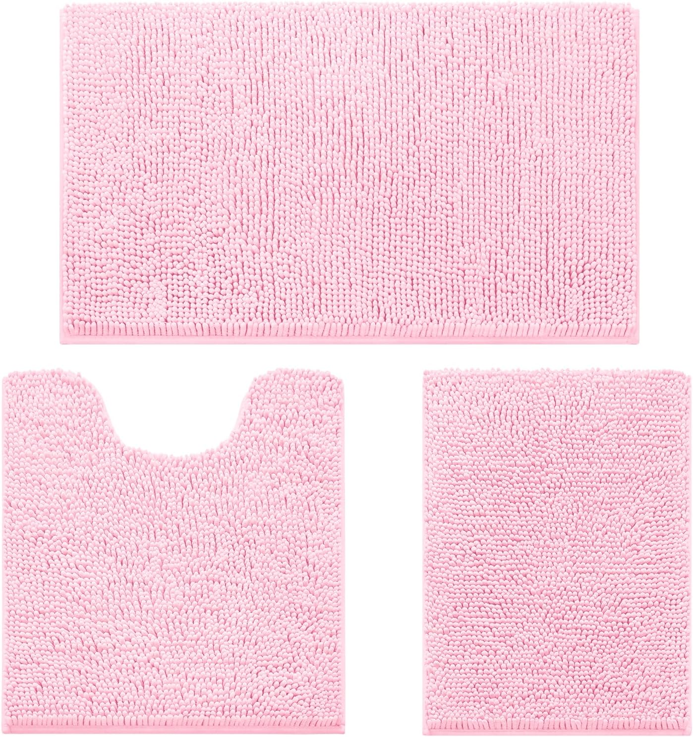 HOMEIDEAS 3 Pieces Bathroom Rugs, Ultra Soft Non Slip Absorbent Chenille Toilet Bath Mat Set (Light Pink)