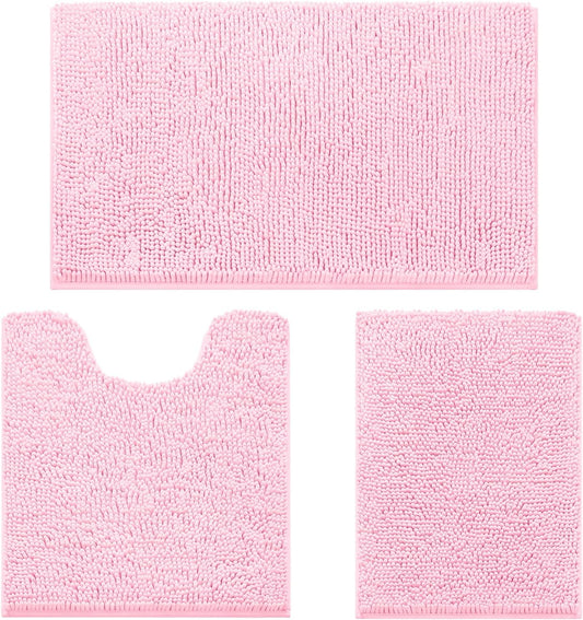 HOMEIDEAS 3 Pieces Bathroom Rugs, Ultra Soft Non Slip Absorbent Chenille Toilet Bath Mat Set (Light Pink)
