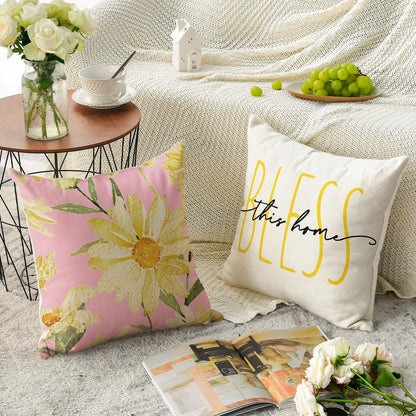 AVOIN colorlife Home Sweet Home Spring Summer Flowers Pink Throw Pillow Covers, 18 x 18 Inch White Cushion Case for Sofa Couch Set of 4