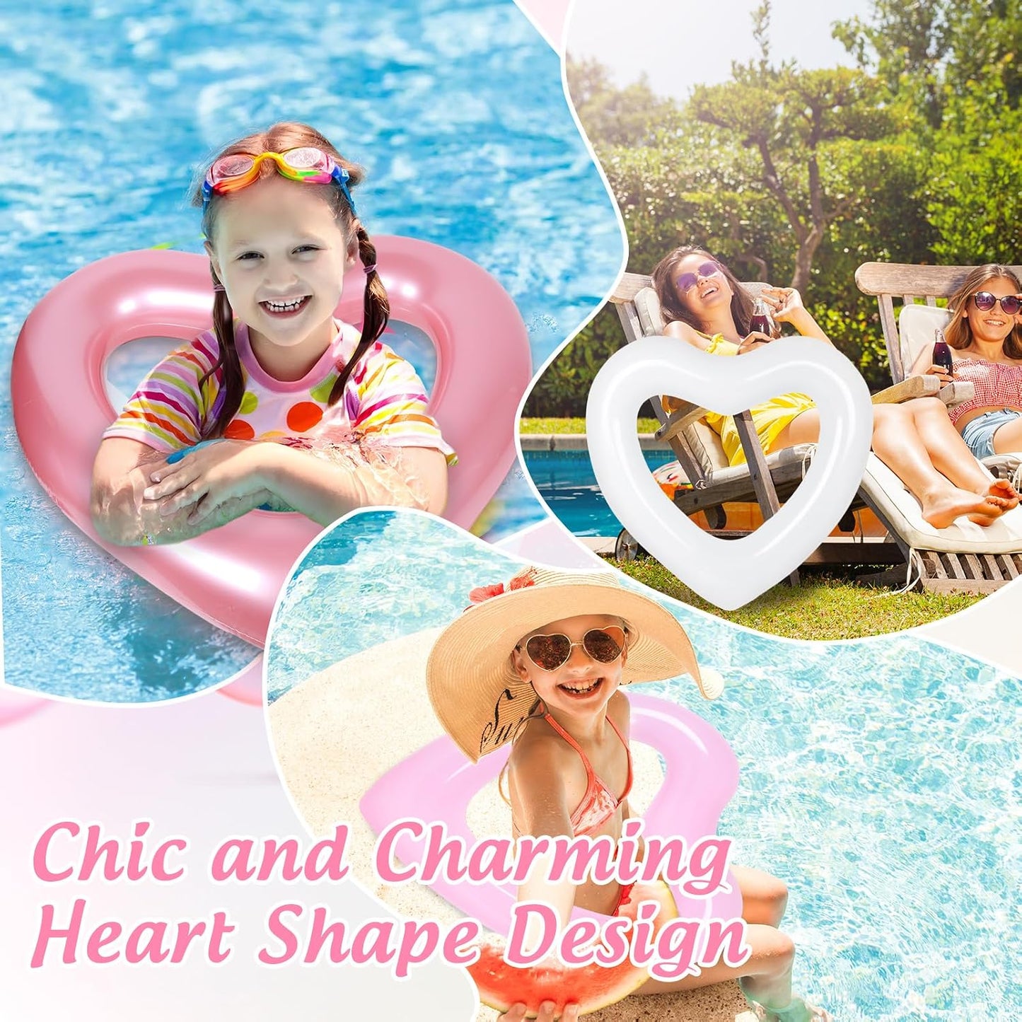 Whaline 3Pcs Inflatable Heart Pool Float Swim Heart Shaped Pool Rings Float Loungers Tube for Summer Swimming Pool Beach Bachelorette Party