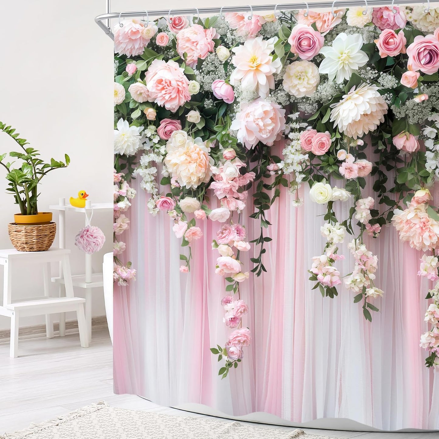 Pink Shower Curtain 60Wx72H Girly Spring Blossom Romantic Flower Bath Curtain for Girl Women Elegant Aesthetic Pretty Nature Plant Leaves Floral Bathroom Decor Art Design Fabric with 12 Hooks
