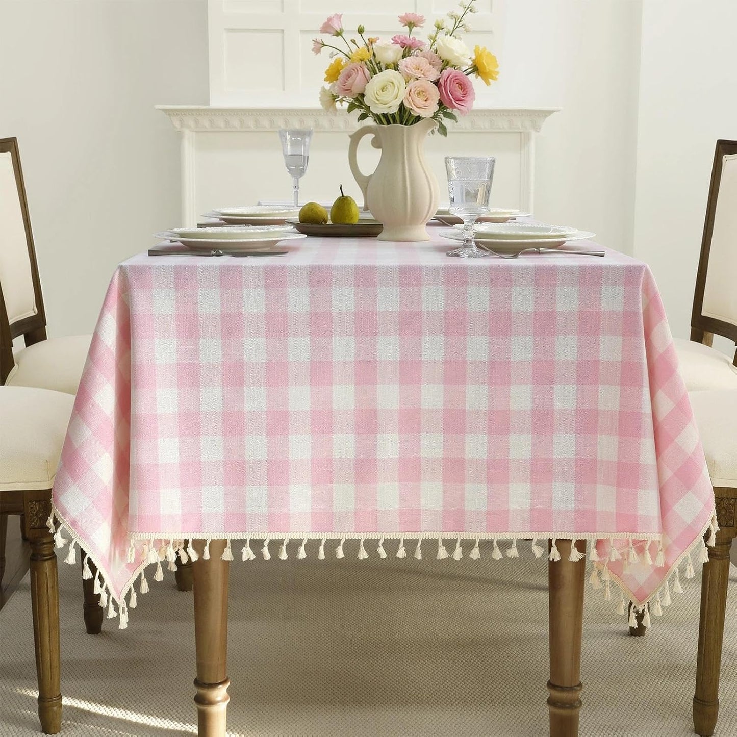 Romanstile Pink Gingham Tablecloth Rectangle, Outdoor Waterproof Linen Cotton Checkered Table Cloth with Tassel, Heavy Duty Wrinkle Free Buffalo Plaid Table Cover for Picnic Camping - 55 x 84 Inch