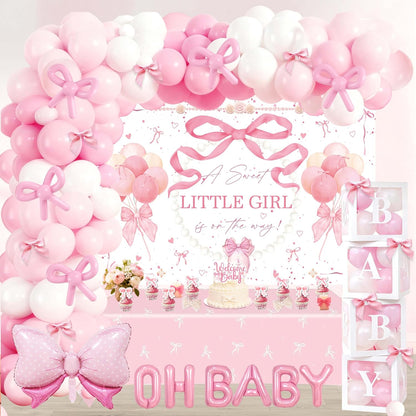 143Pcs Pink Bow Baby Shower Decorations for Girl, Coquette Party Supplies with 5x3ft Backdrop, 4 Baby Boxes with Letters, Balloon Garland Arch Kit, Tablecloth & Cake Toppers for It's a Girl Reveal