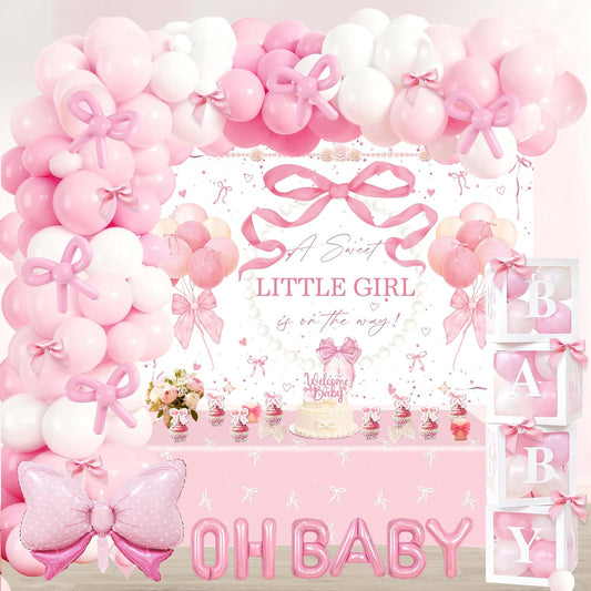 143Pcs Pink Bow Baby Shower Decorations for Girl, Coquette Party Supplies with 5x3ft Backdrop, 4 Baby Boxes with Letters, Balloon Garland Arch Kit, Tablecloth & Cake Toppers for It's a Girl Reveal