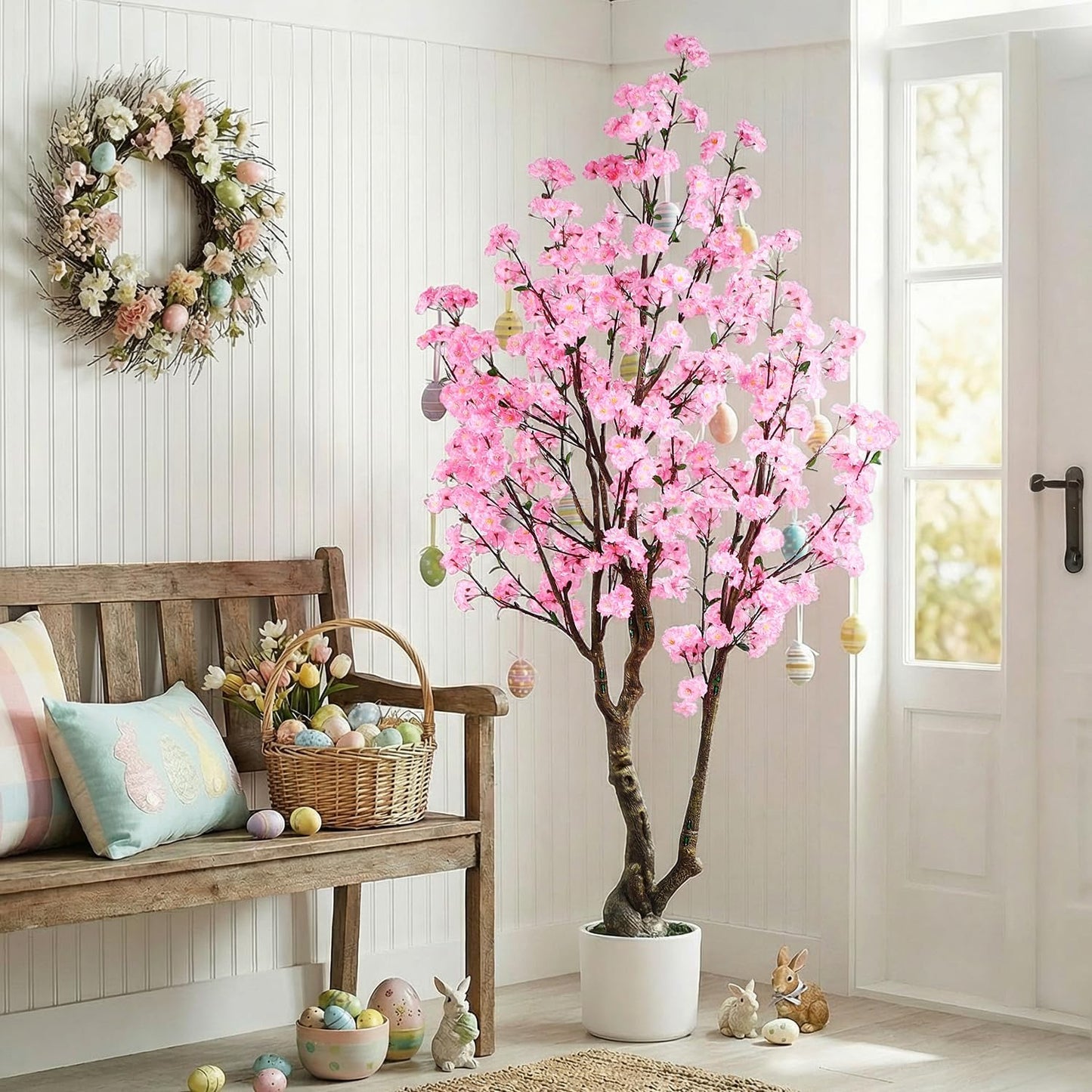 Artificial Cherry Blossom Tree, 7FT Tall Artificial Tree with White Pot, Pink Fake Sakura Flower Tree, Faux Silk Plants for Home, Living Room, Wedding, Garden, Balcony, Hotel Decoration