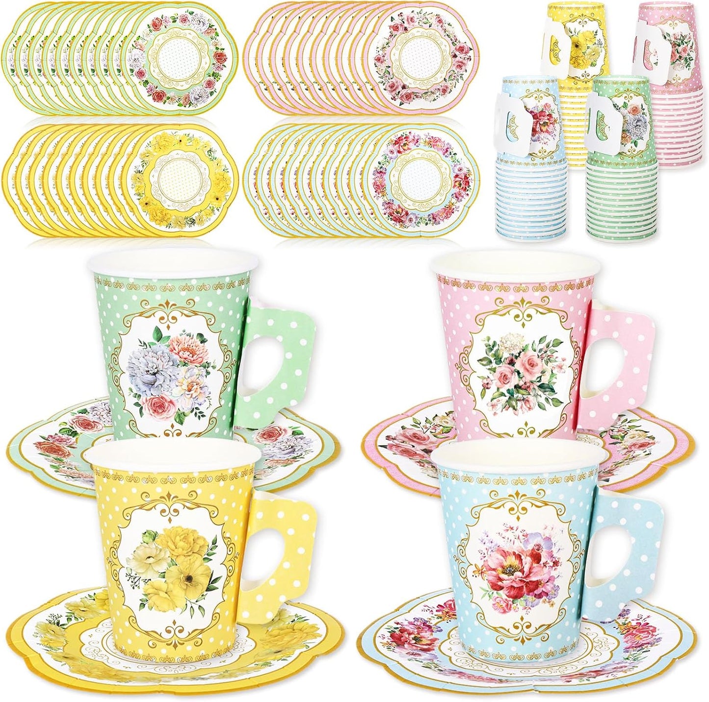 JarThenaAMCS 120Pcs Spring Tea Party Decorations 9oz Pink Yellow Blue Green Floral Paper Tea Cups with Handle Flower Saucers for Mother's Day Party Tableware Girls Women Birthday Supplies, 60 Set