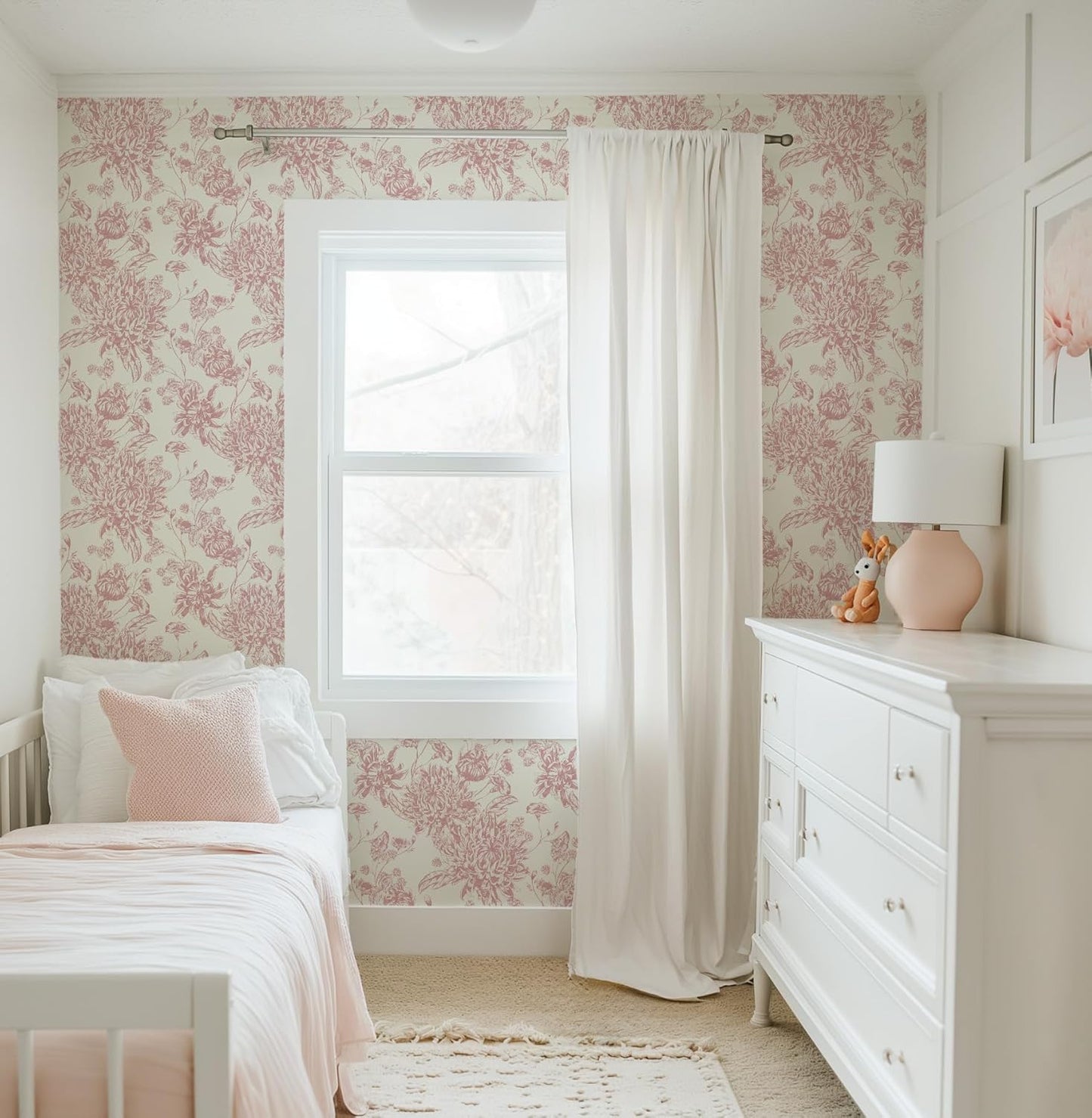 RollsRolla Pink Floral Toile Peel and Stick Wallpaper - Chinoiserie & French Country Design for Living Room, Bedroom and Bathroom - Renter-Friendly Temporary Wallpaper for Apartment