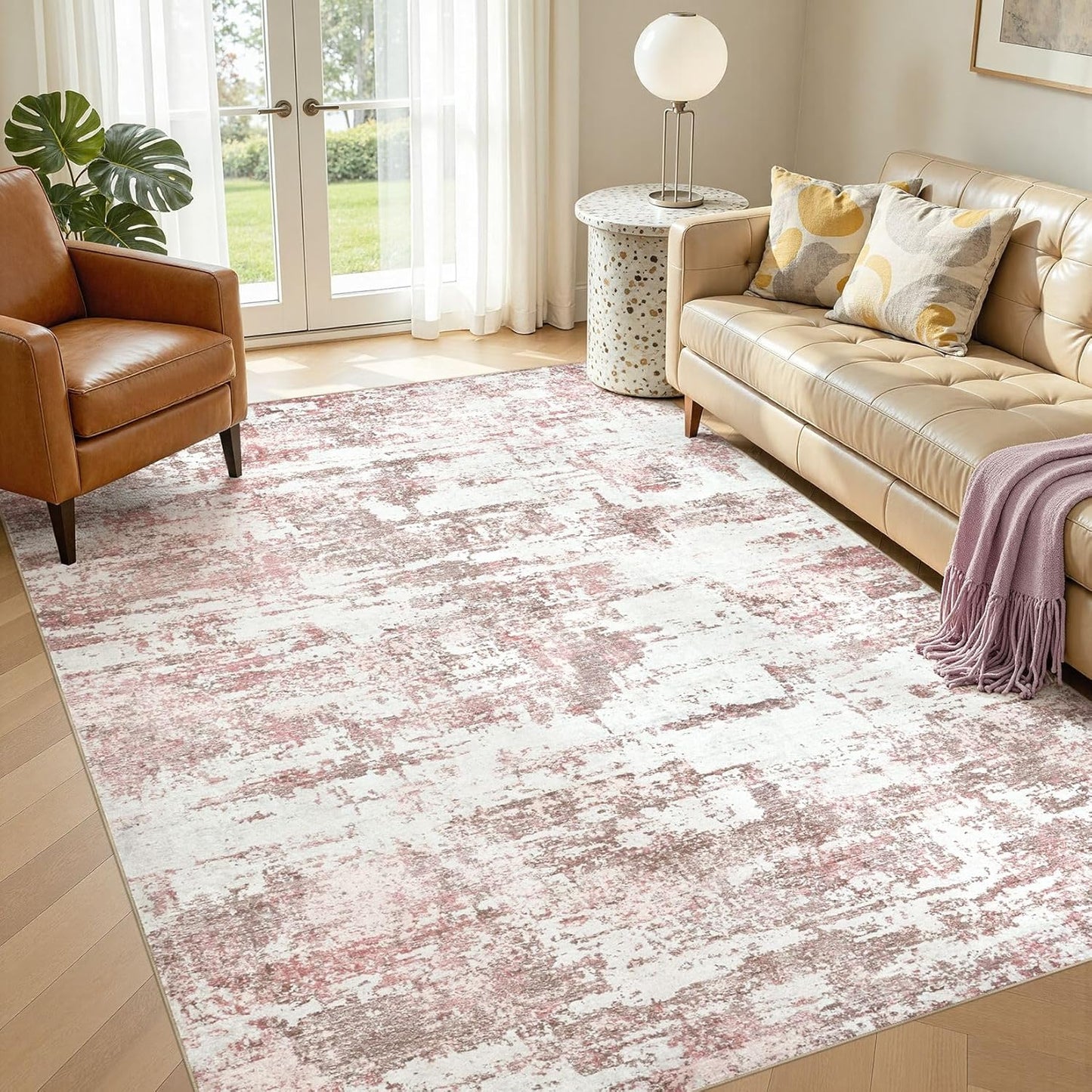 Area Rugs 5x7 Living Room: Washable Large Abstract Modern Neutral Soft Rug Stain Resistant Non-Slip Backing Carpet for Bedroom Dining Room Indoor Nursery Dorm Home Office Decor - Pink