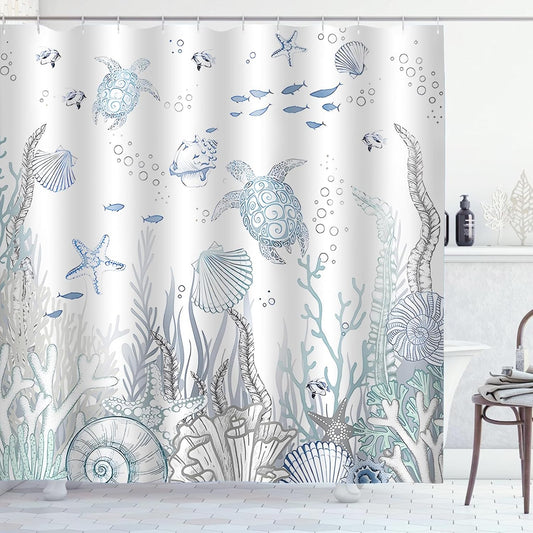 Coastal Turtle Shower Curtain Fish Coral Starfish Seashell Blue Ocean Beach Shower Curtains for Bathroom Waterproof Polyester Fabric Bathroom Curtain 72 x 72 Inch with 12 Hooks