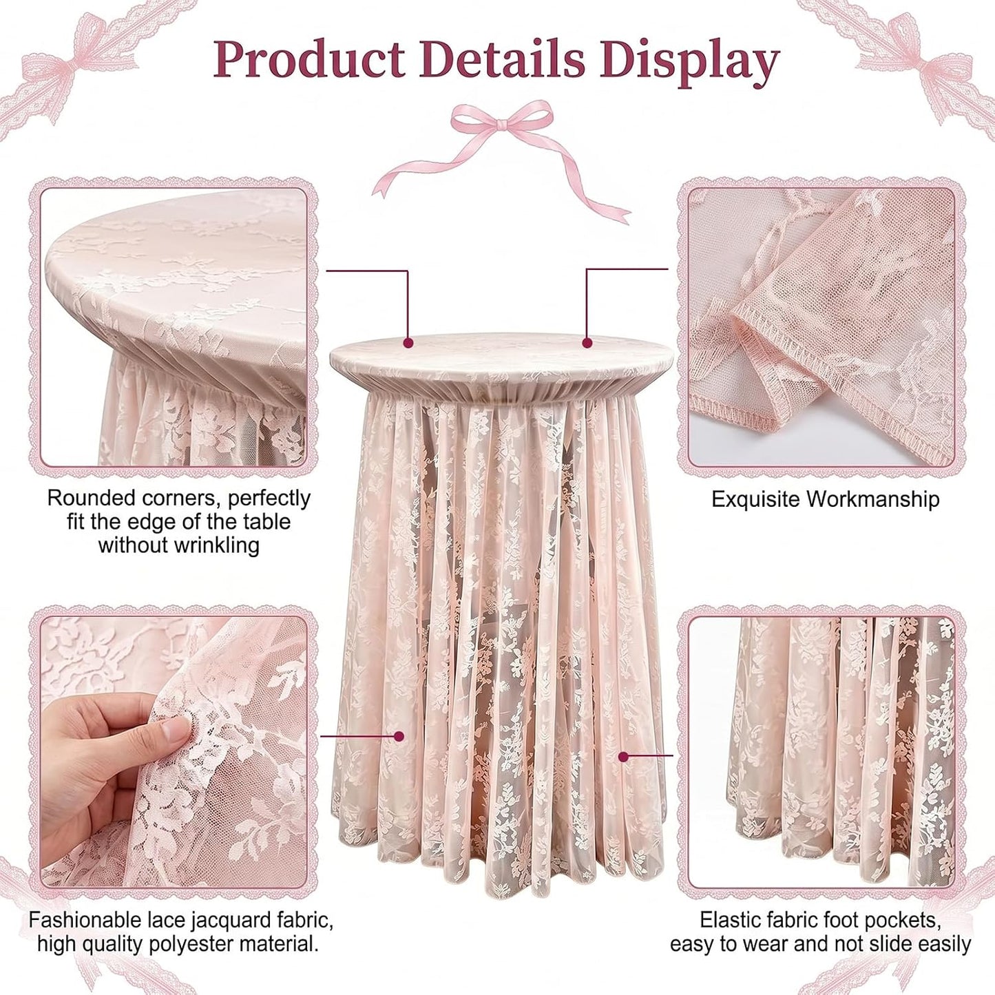 2-Pack Coral Pink Lace Fabric Cocktail Table Covers, Stretch High Top Highboy Tablecloths with Ruffle Skirt, Wrinkle-Resistant, for Wedding Fashion Banquet Home Party Tables (32" Dia x 43" H)
