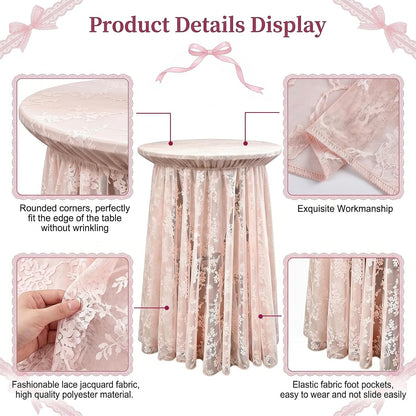 2-Pack Coral Pink Lace Fabric Cocktail Table Covers, Stretch High Top Highboy Tablecloths with Ruffle Skirt, Wrinkle-Resistant, for Wedding Fashion Banquet Home Party Tables (32" Dia x 43" H)