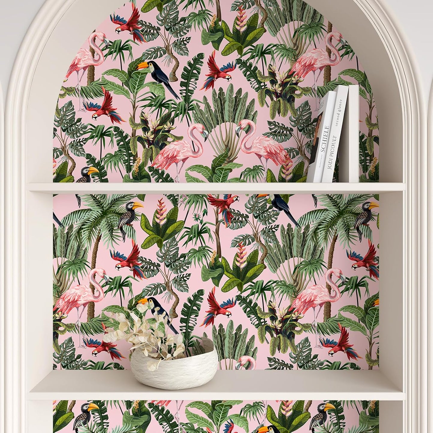 VEELIKE Pink Jungle Wallpaper Peel and Stick Removable Pink Tropical Wallpaper for Bedroom Bathroom Nursery 17.7''x118'' Flamingo Birds Wall Mural Prepasted Tropical Contact Paper for Walls Cabinets