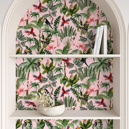 VEELIKE Pink Jungle Wallpaper Peel and Stick Removable Pink Tropical Wallpaper for Bedroom Bathroom Nursery 17.7''x118'' Flamingo Birds Wall Mural Prepasted Tropical Contact Paper for Walls Cabinets