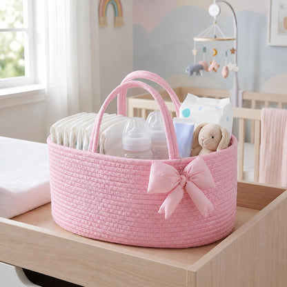 Hushee Pink Bow Baby Diaper Caddy Organizer Baby Gift Bag with Handle Nursery Diaper Basket Organizer for Newborn Boy and Girl Storage Bin for Diapers Wipes New Mom Gift