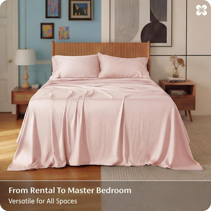 Bedsure Queen Sheet Set, Rayon Derived from Bamboo, Cooling Sheets, PureWoven, Breathable & Soft, Deep Pocket Up to 16 Inches, Hotel Luxury Silky Bedding for Hot Sleepers, Pink