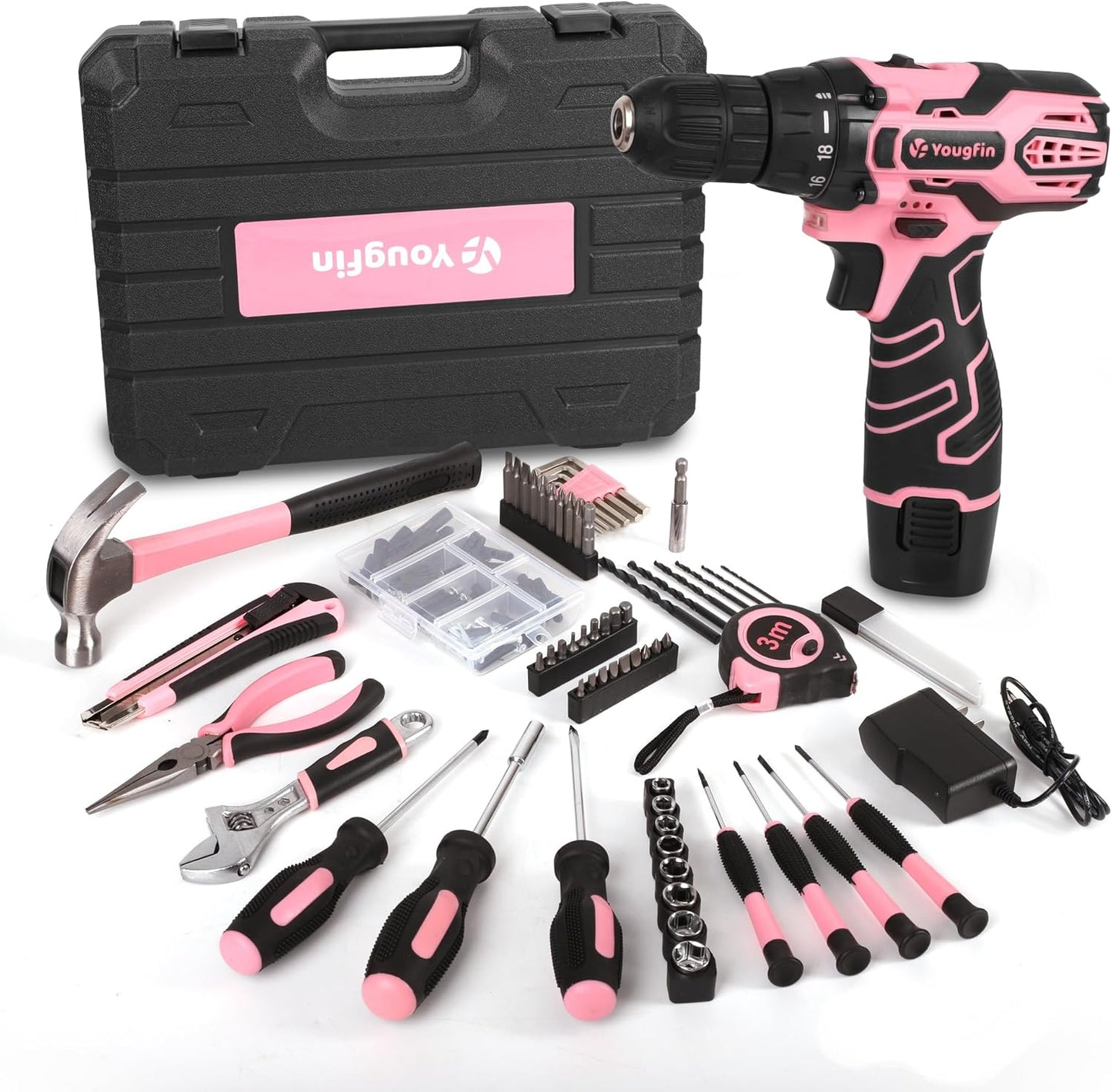 12V Pink Cordless Drill Set 195PCS Hand Tool Combo Kit Small Compact Electric Screwdriver Set Portable Power for Home DIY&Repair Driver Machine with Battery & Charger Gift Box for Women