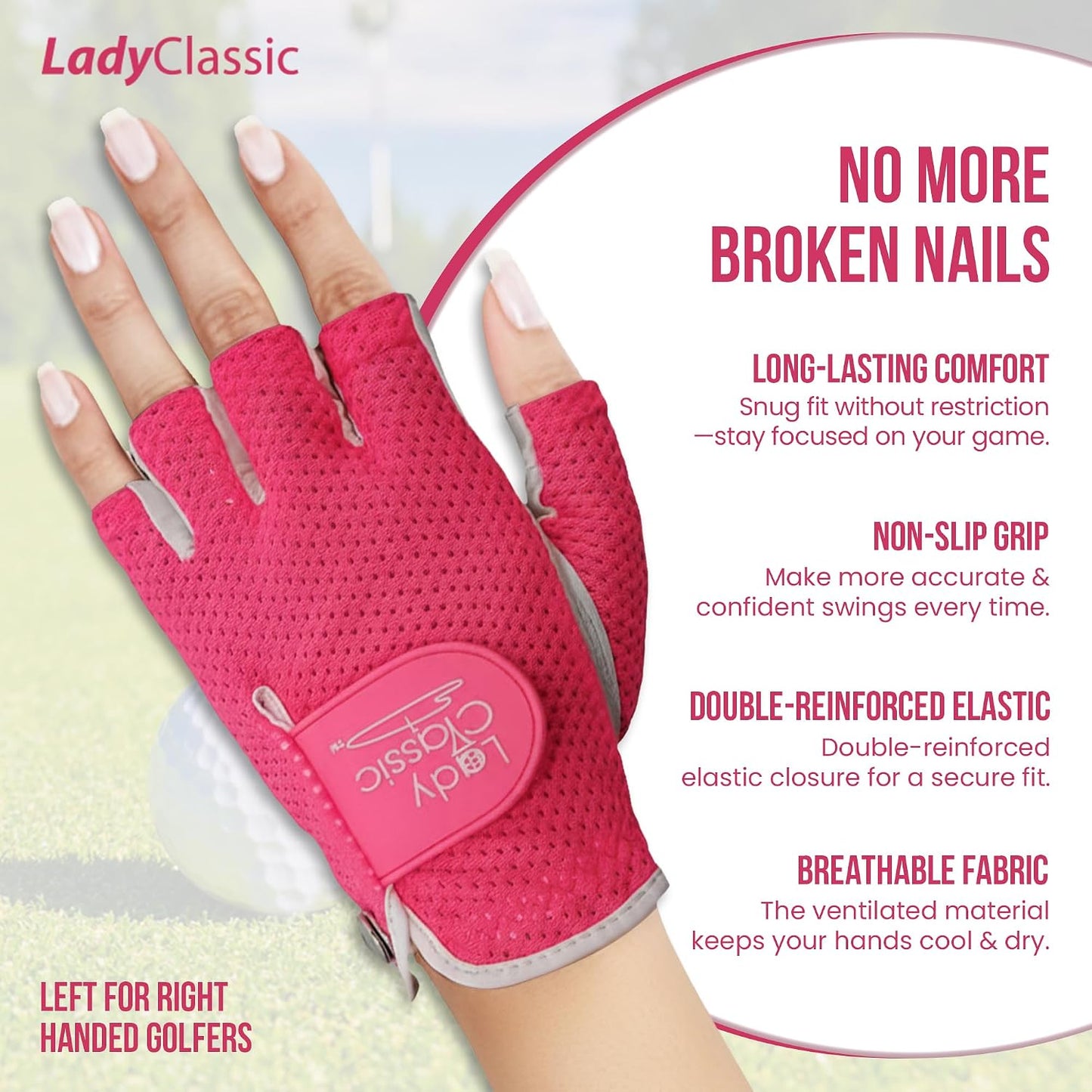 Mesh Half Golf Glove for Women – Premium Cabretta Leather Palm, Breathable Mesh Back, Half-Finger Design Ladies Golf Glove for Enhanced Grip & Comfort