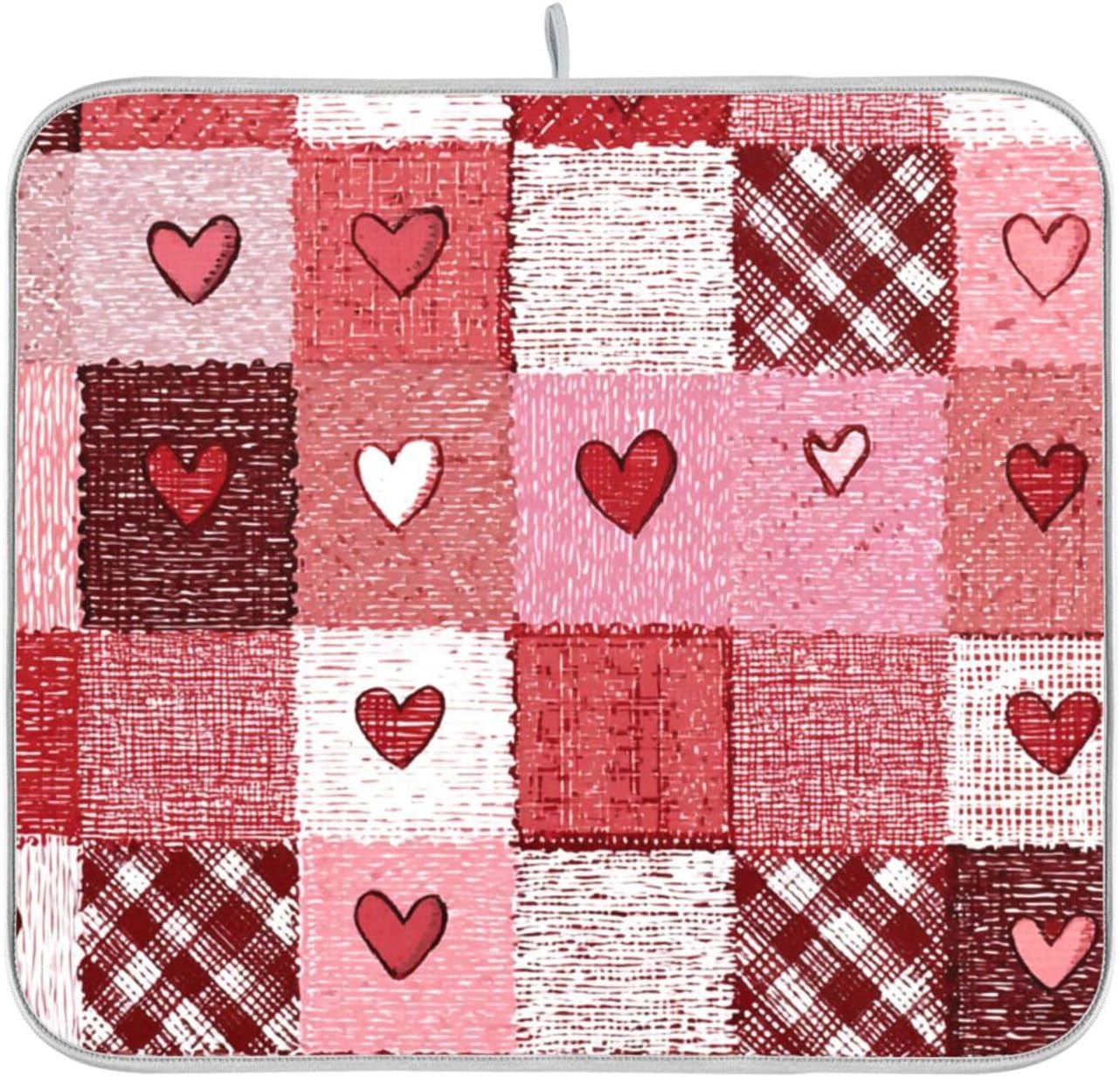 Boccsty Valentine's Day Hearts Dish Drying Mat for Counter Pink Tartan Plaid Flower Drying Kitchen Mats Coffee Bar Mats for Countertops Dishes Utensils Sinks 16 x 18 IN