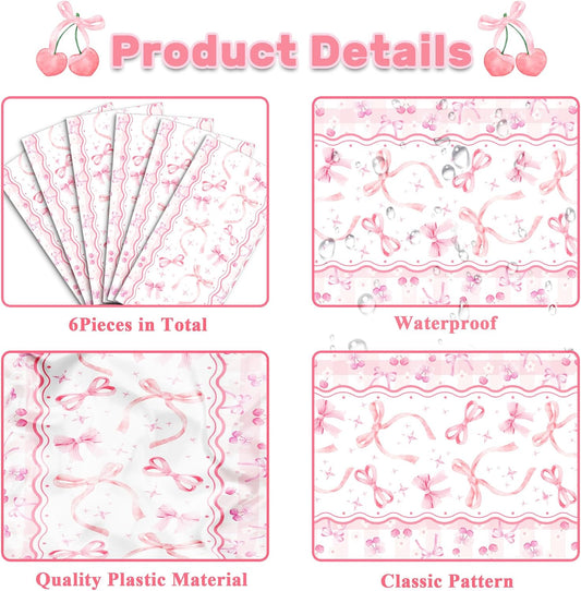 6 Pieces Pink Bow Table Runners 14 x 108 Inches Disposable Coquette Pattern Table Runner for Tea Party Birthday Baby Shower Wedding Valentine's Day Holiday Kitchen Dining Table Decor Party Supplies