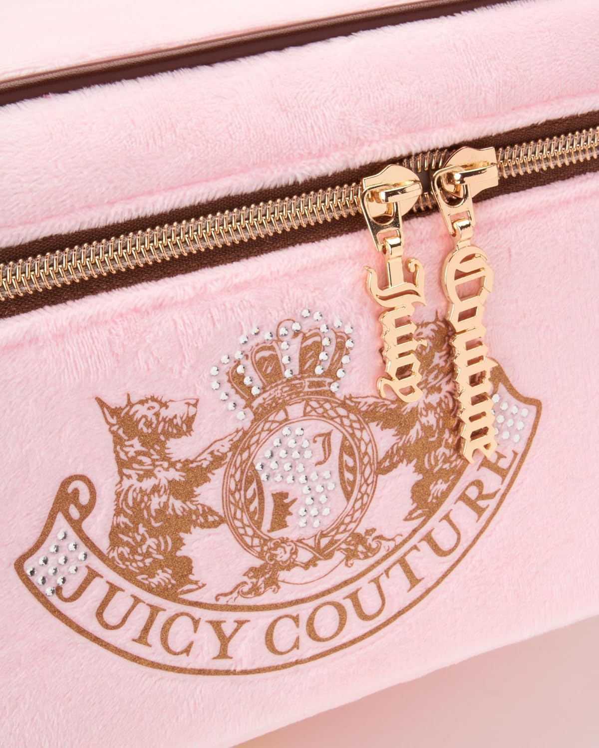 Juicy Couture Pink Makeup Bag Cosmetics Organizer Travel Essentials Train Case Gold Terroir Dog Rhinestone Crown Velour