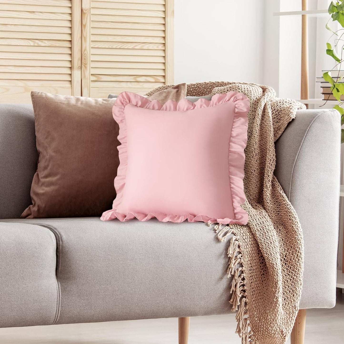 KKJIAF Ruffle Pillow Cases 26x26 Inches, Light Pink Square Ruffled Pillow Covers Set of 2, Microfiber Wrinkle Resistant Pillow Shams with Envelope Closure for Sofa Bed Living Room