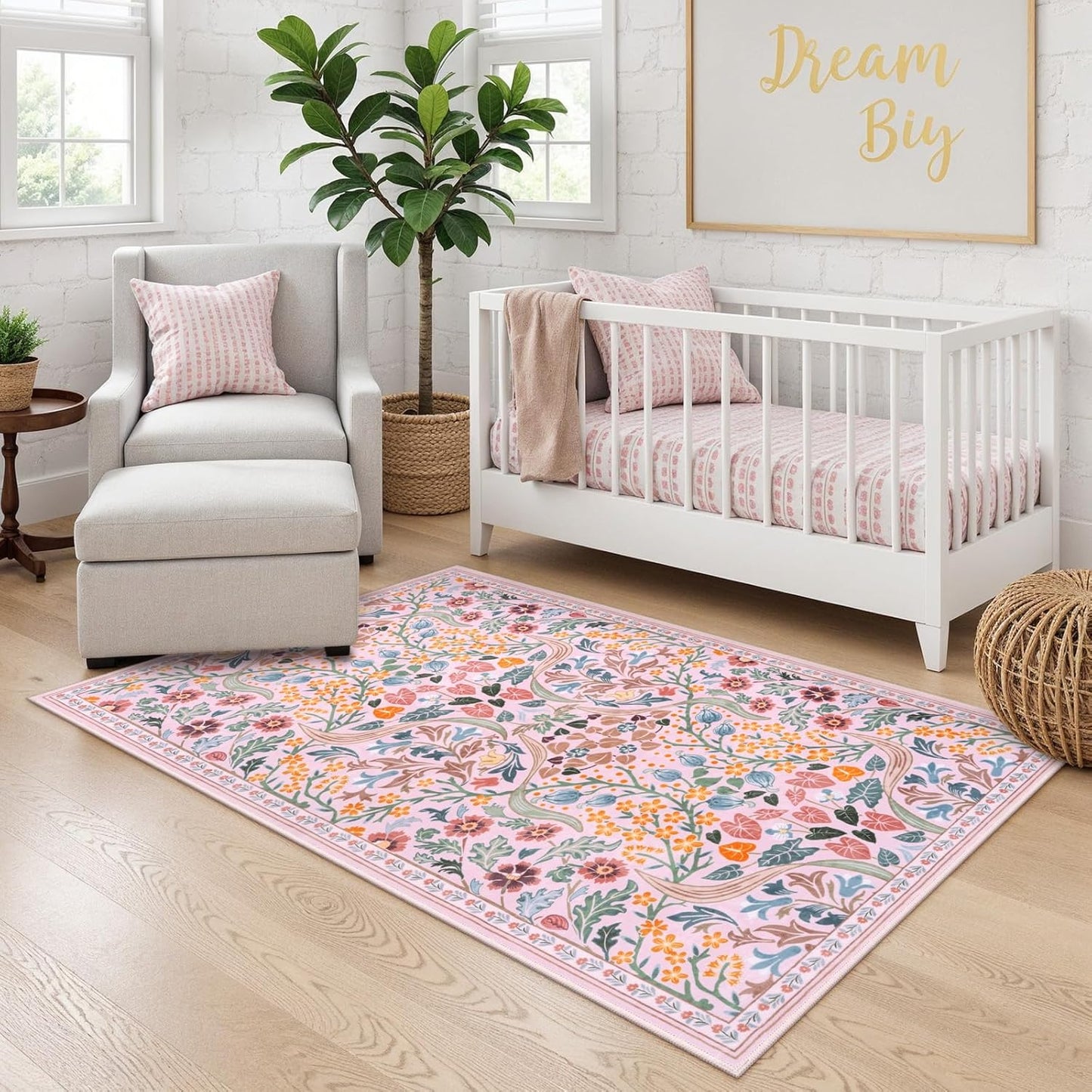 Moynesa Floral Washable Area Rug 5x7, Pink Rugs for Bedroom Soft Living Room Rug, Non Slip Ultra Thin Boho Rug for Nursery Flower Indoor Floor Carpet for Girls Room Dorm, Pink