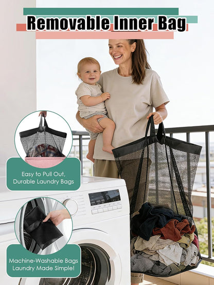 WTREE Laundry Hamper with Lid, Reinforced Sturdy Clothes Hamper with Anti-Puncture Base, Large Collapsible Laundry Basket with Removable Liner Bag, Tall Dirty Clothes Bin for Family, 100L Pink