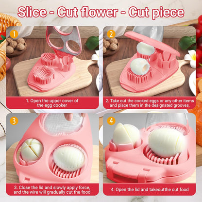 3 Slice Modes Egg Slicer for Hard Boiled Eggs, Stainless Steel Egg Cutter, 3-in-1 Kitchen Chopper Tool, Pink