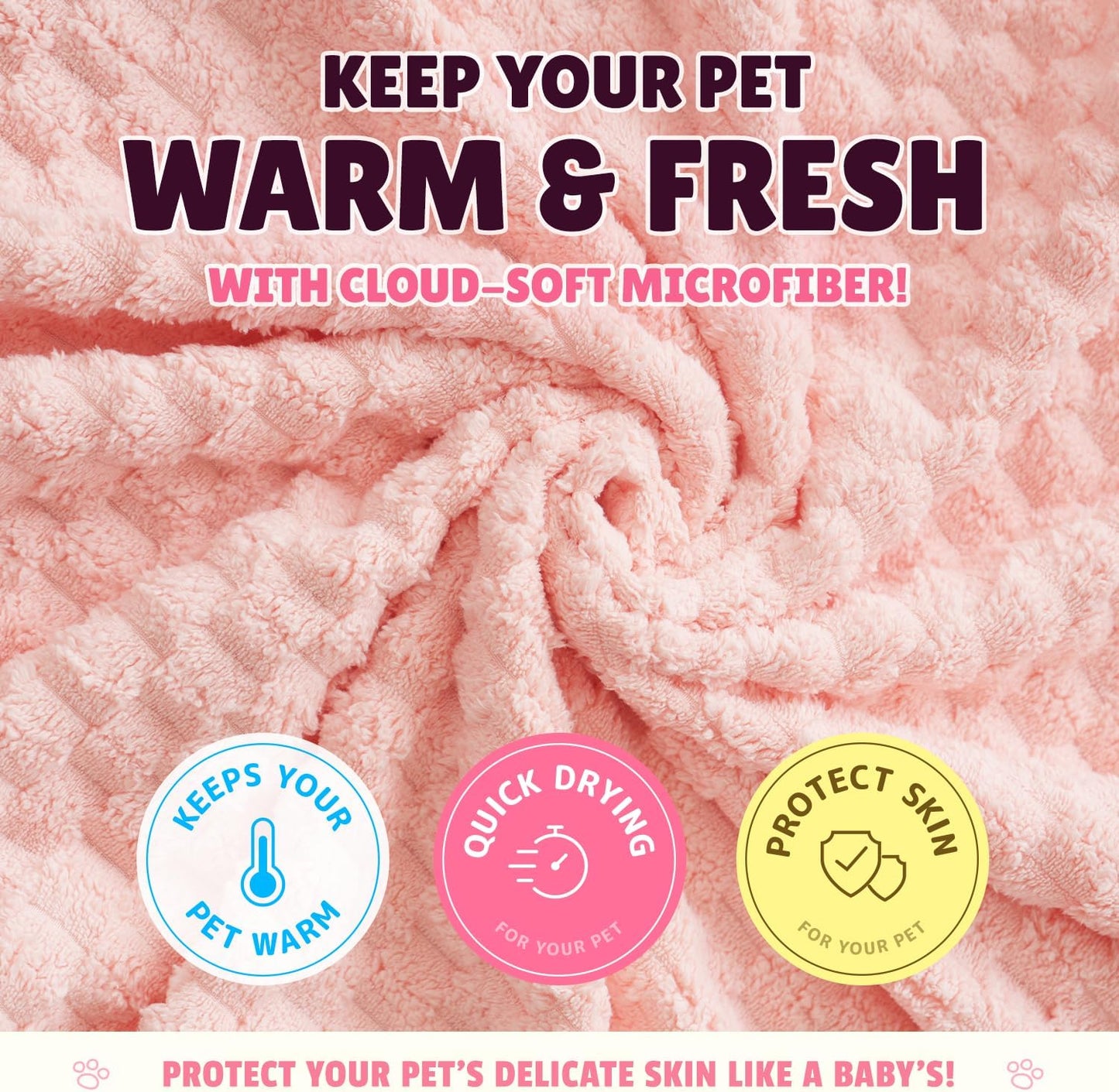 Microfiber Dog Towel Set for Drying Dogs – Absorbent, Quick-Dry, and Soft Towels for Bathing and Grooming Dogs and Cats, Including 2 Different Sized – Cloud Pet Towels (Pink)