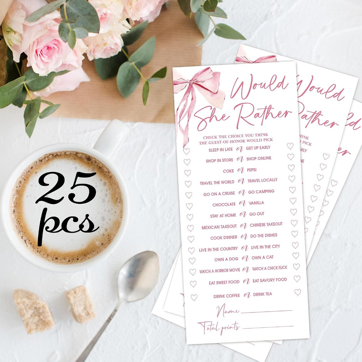Pink Bow Wedding Shower Games, Would She Rather Wedding Games for 25 Guests, Engagement Bridal Shower Party Cards, Engagement & Bridal Party Supplies-4x9 Inch-A02