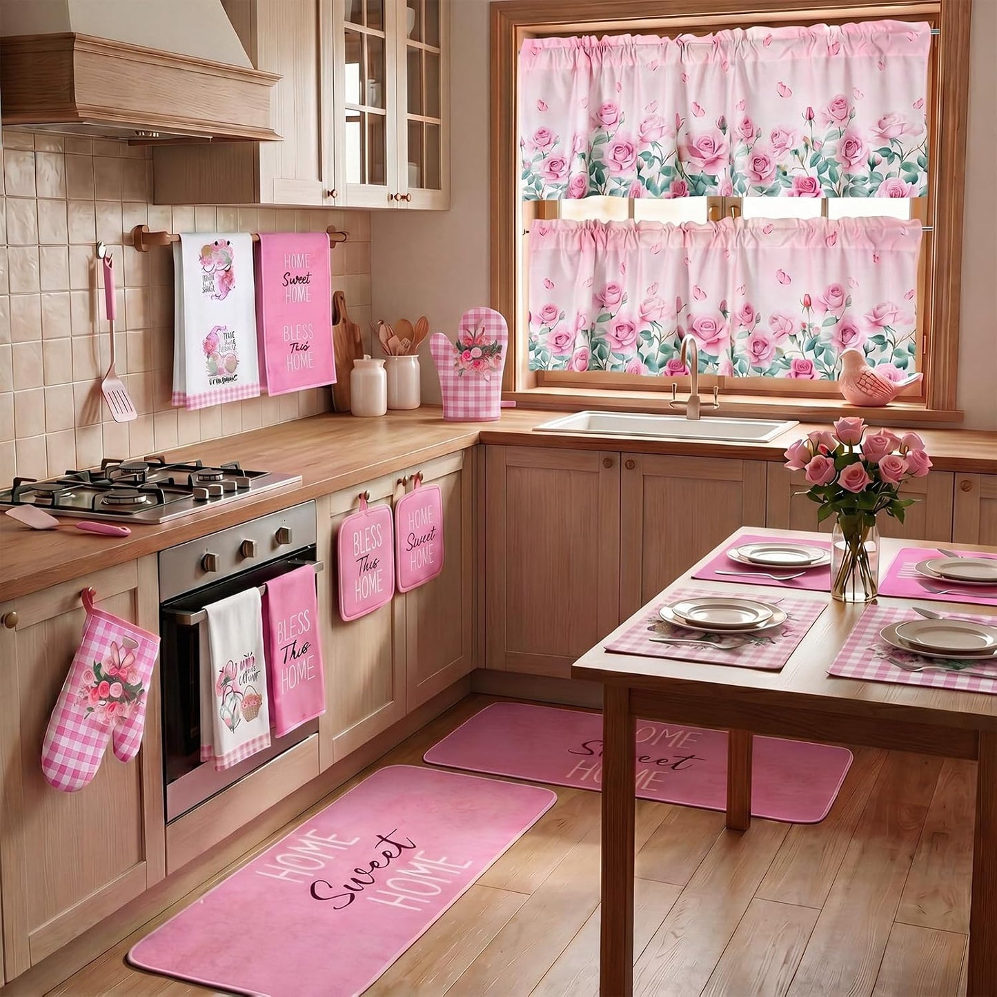 Fourluoo 16 Pcs Pink Rose Kitchen Decor Set Kitchen Towels Placemats Non Slip Rugs and Mats for Floor Oven Mitts Gloves Pot Holders Floral Curtains for Home Decoration Gift