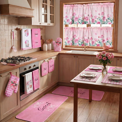 Fourluoo 16 Pcs Pink Rose Kitchen Decor Set Kitchen Towels Placemats Non Slip Rugs and Mats for Floor Oven Mitts Gloves Pot Holders Floral Curtains for Home Decoration Gift