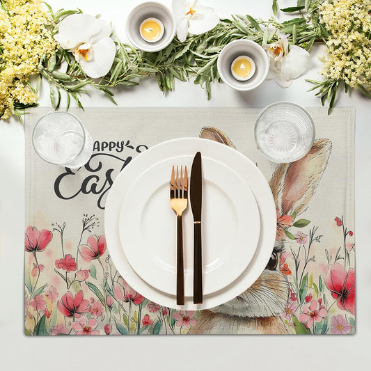 Happy Easter Placemats Set of 4, 12x18 Inch Spring Pink Flowers Bunny Place Mat Heat Resistant Washable Durable Rectangle Dining Table Mats Farmhouse Kitchen Holiday Party Decor