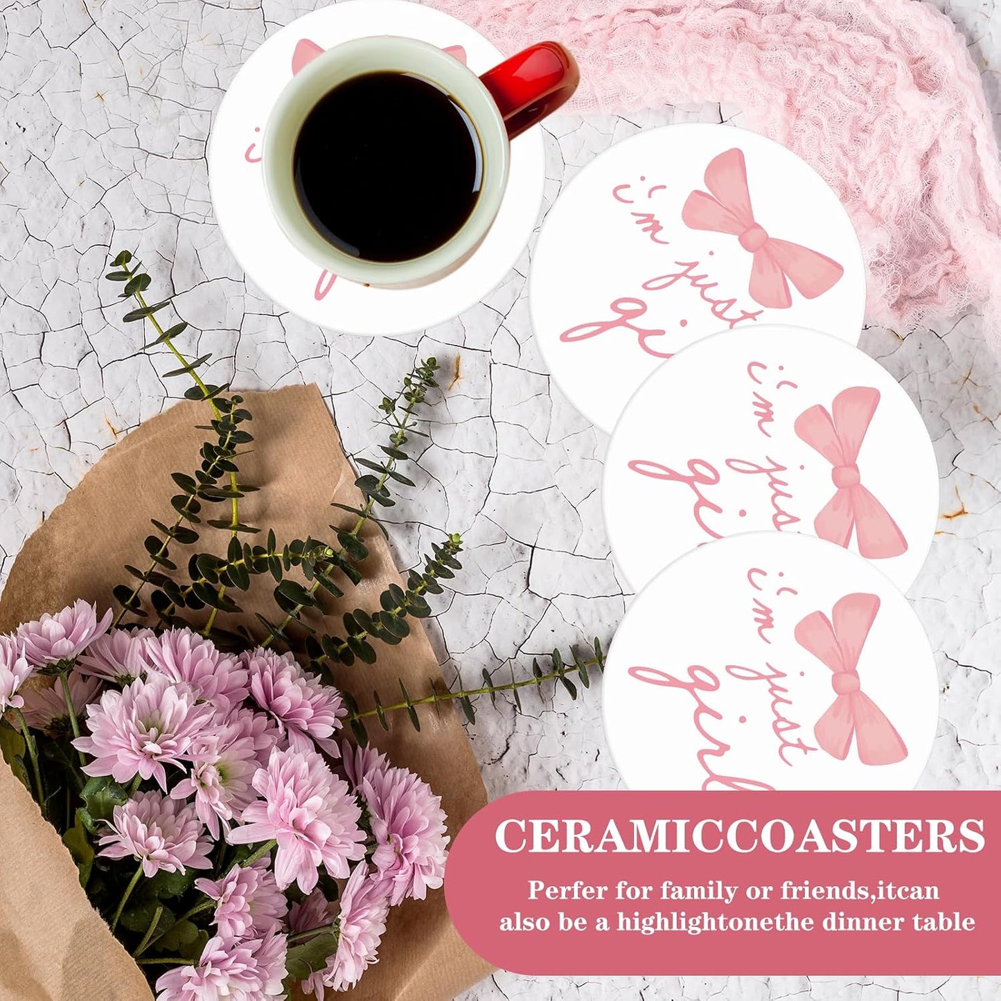 FYSUIMU 4Pcs Pink Bow Coasters Coquette Bow Girly Ceramic Drink Coaster Cute Bowknots Round Mug Coaster Gender Reveal Baby Shower Cup Mat for Kitchen Home Office Party Table Decor