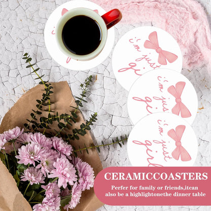 FYSUIMU 4Pcs Pink Bow Coasters Coquette Bow Girly Ceramic Drink Coaster Cute Bowknots Round Mug Coaster Gender Reveal Baby Shower Cup Mat for Kitchen Home Office Party Table Decor