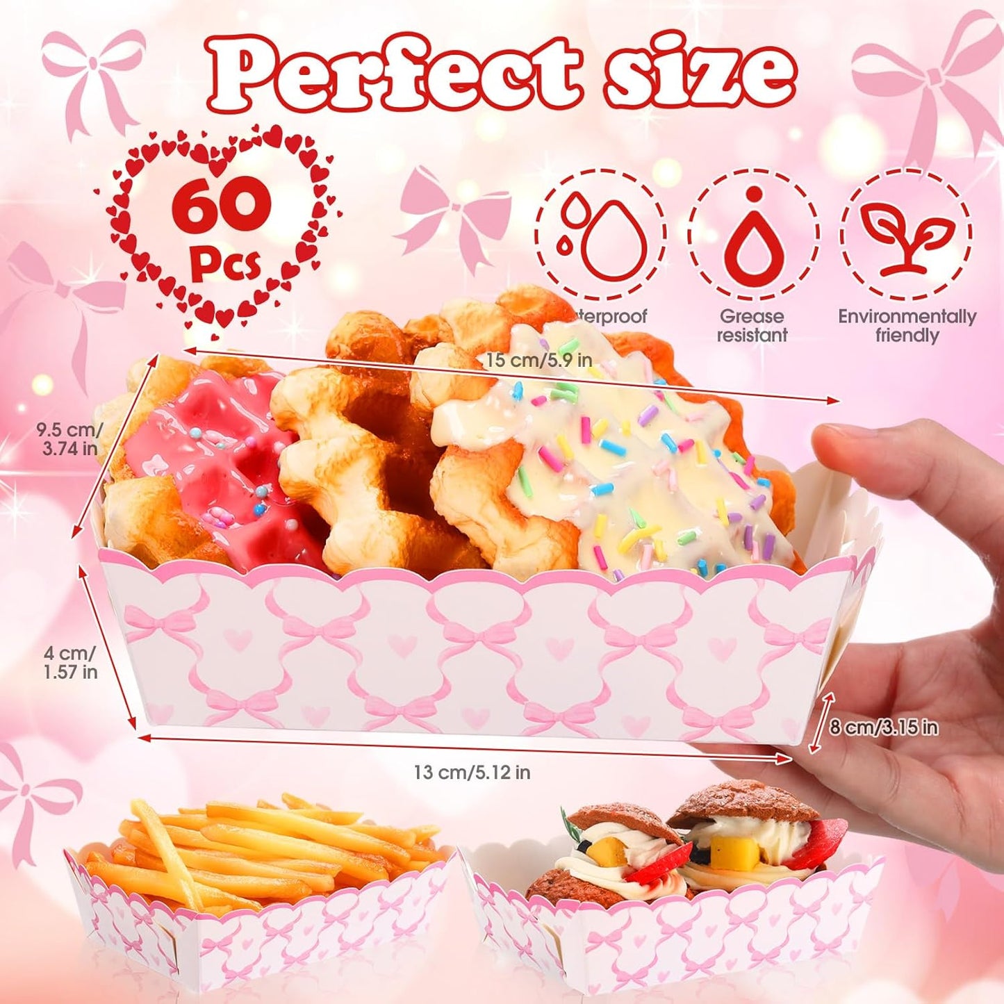 Domensi 60 Pcs Pink Bow Paper Food Trays Birthday Decorations Kraft Bow Plates Snack Nacho Hot Dog Popcorn Serving Trays Coquette Party Supplies for Wedding Bridal Baby Shower Party Decoration