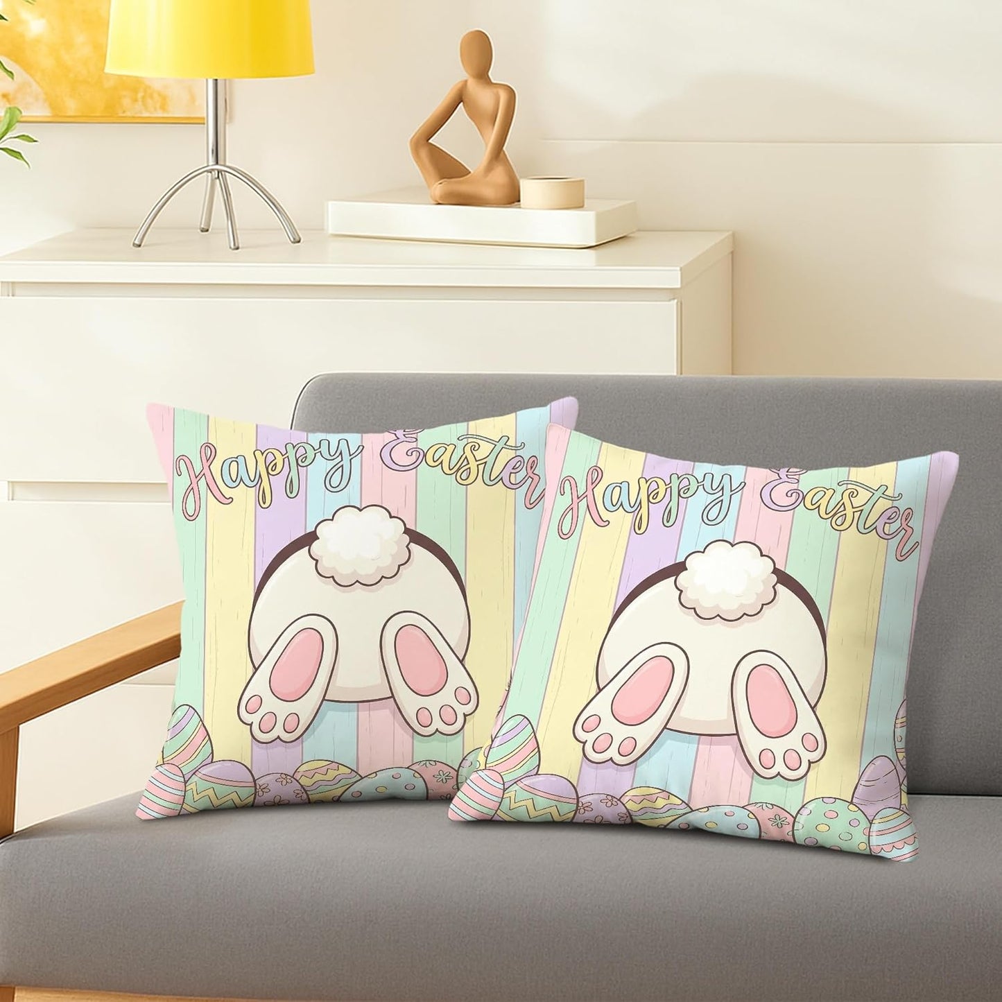 Bunny Throw Pillow Covers Set of 2, Spring Playful Easter Eggs Wooden Stripes Easter Pastel Peach with Hidden Zipper Pattern Pillow Covers for Living Room Bedroom Loft Office Car Decor 14x14 Inch
