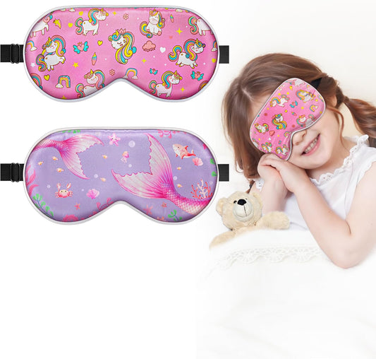 BeeVines Kids 100% Real Mulberry Silk Sleep Mask 2 Pack, Original Design Pure Silk Sleeping Eye Masks for Girls, Skin-friendly Blackout Eye Cover, Adjustable Strap, Reduce Puffy Eyes, for Travel Gifts