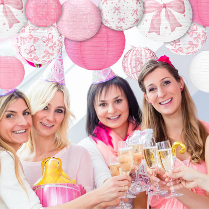 Glooglitter 12 Pcs Pink Bow Party Decorations Coquette Birthday Decorations Pink Bow Paper Lanterns Hanging Decor for Weddings Bachelorette Bridal Shower Engagement Party Supplies