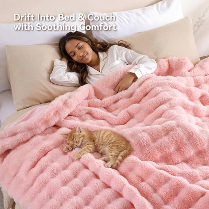 Smoofy Faux Fur Throw Blanket for Couch - Blush Pink Super Soft Cozy Bubble Blanket, Fluffy Plush Fuzzy Throw for Sofa & Bed, Thick Lightweight Warm Blanket, Luxury Aesthetic Gift for Women 50"x60"