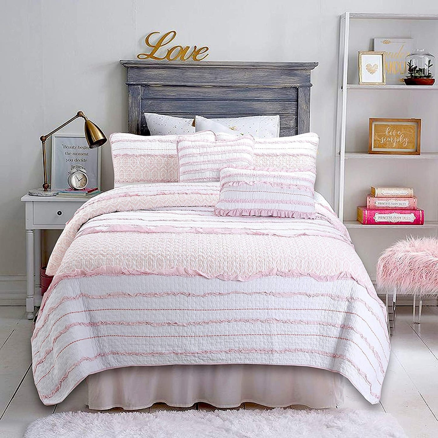 Pretty in Pink Girly Ruffle Star Stripped Soft Pink White Cotton Square Décor Throw Pillow by Cozy Line Home Fashions
