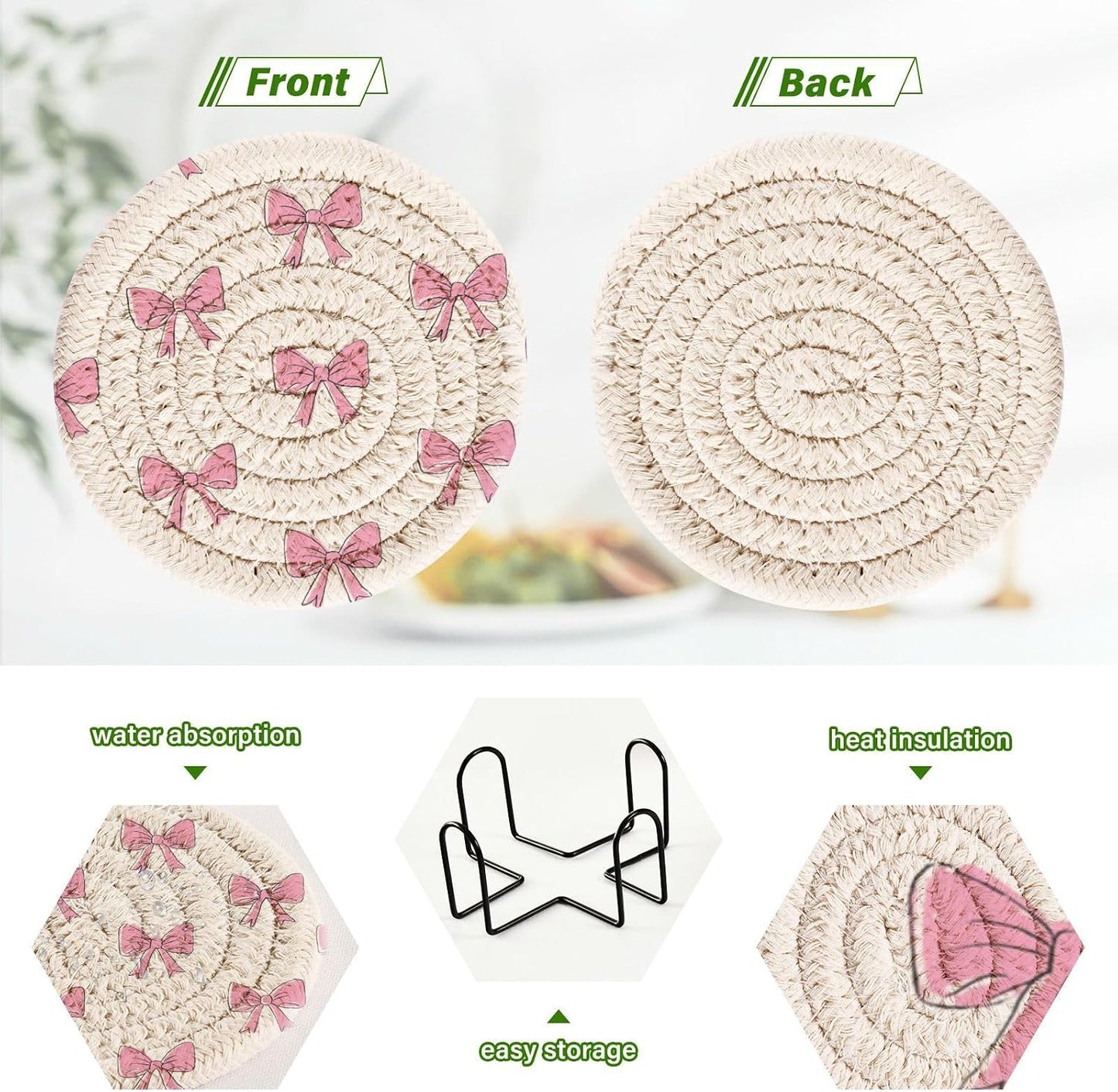 Bar Coasters for Drink with Holder Cute Light Pink Bows Coaster Set of 6 Cotton Woven Coaster for Coffee Table, Bistro Tabletop,Kitchen Home Decor