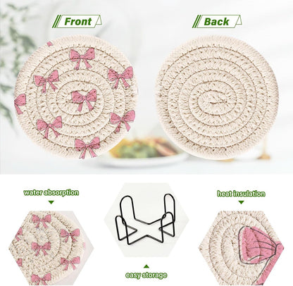 Bar Coasters for Drink with Holder Cute Light Pink Bows Coaster Set of 6 Cotton Woven Coaster for Coffee Table, Bistro Tabletop,Kitchen Home Decor