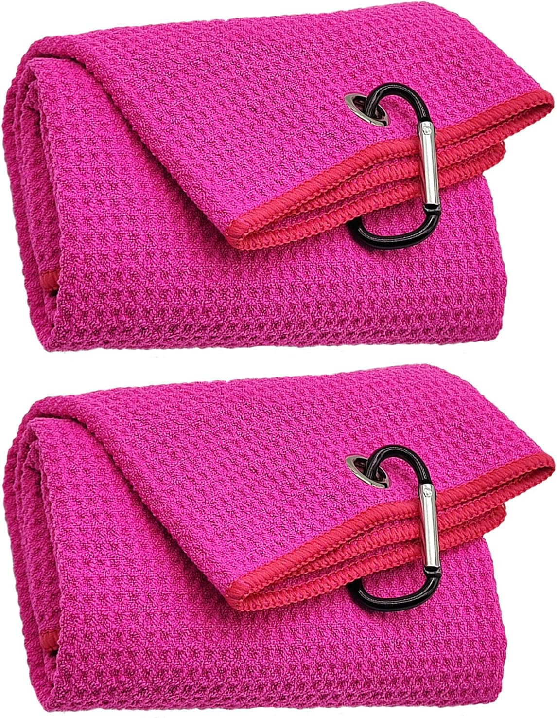 2 Pack Tri-Fold Microfiber Towels Set with Carabiner Clip - Waffle Pattern Golf Towels for Bags - Outdoor Sports Towel Gifts (2 Pcs Pink + Pink)