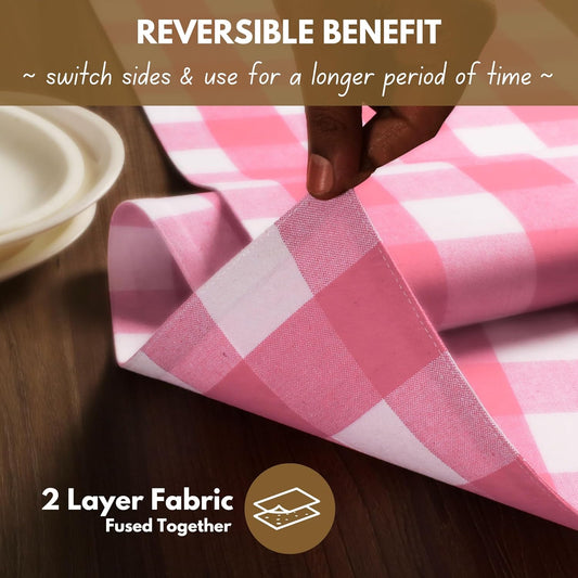 Native Fab Table Runner Buffalo Check Plaid 100% Cotton - 13x90 Inches Kitchen Dining Table Decoration for Indoor Outdoor Farmhouse Home Party Decor - Pink and White