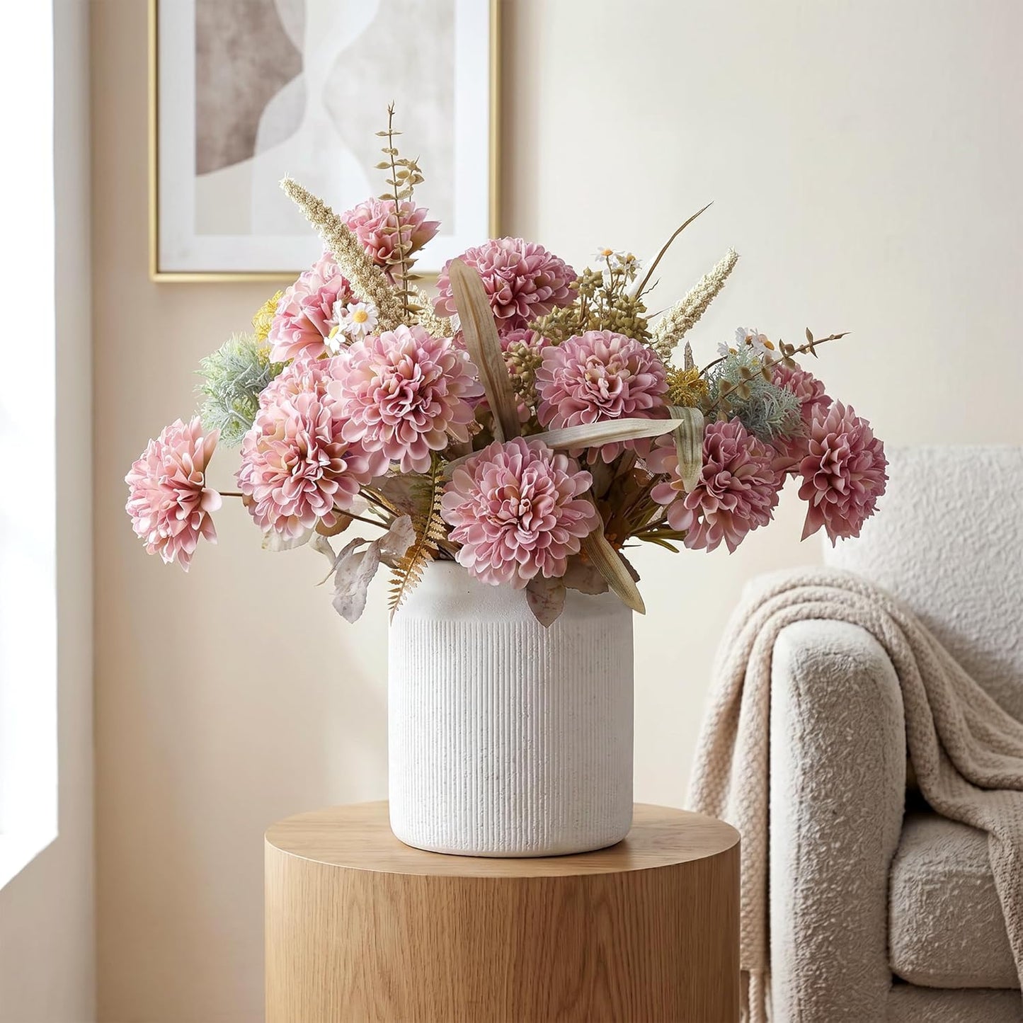 10 Heads Artificial Flowers Ball Mums Indoor for Vase, Large Silk Faux Chrysanthemum with Stems, Fake Bouquet for Home Decor Table Filler, 2 Pack (Pink)