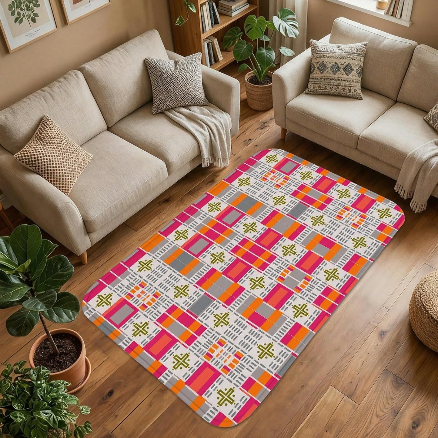 Grid Area Rug, Modern Contemporary Cross Square Spring Peach Low Pile Sponge Rectangle Floor Carpets Edge Binding Rugs for Living Room Bedroom Under Bed Apartment Decor 4' X 6'