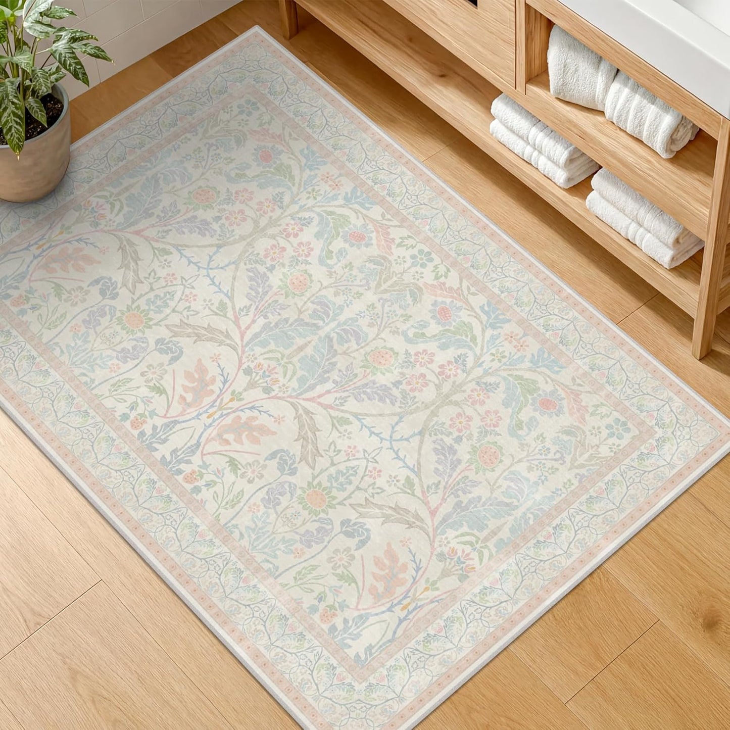 Light Pink Area Rug 2x3 Non Slip Washable, Ultra Soft Small Throw Rugs for Bedroom Girls, Thin Bathroom Rugs Fit Under Door, Powder Room, Low Pile Floral French Country Carpet for Mudroom, Kitchen