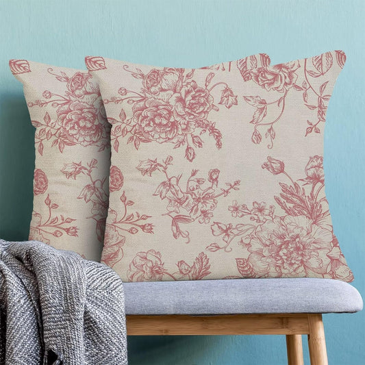 Spring Pink Floral Pillow Covers 18x18 Inch Set of 2, Chinoiserie Pink Flower Decorative Throw Pillowcase Vintage Floral Outdoor Cushion Cover for Sofa Couch Living Room Bed Decor